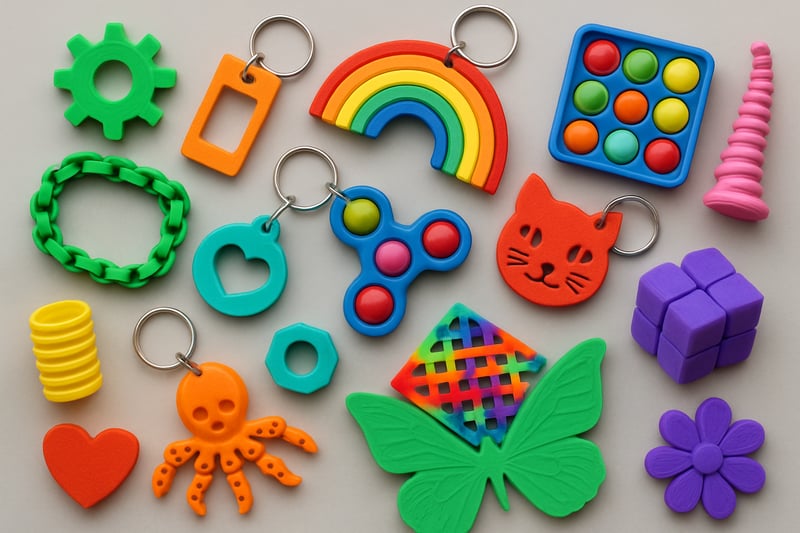 A collection of colorful 3D-printed items including keychains, fidgets, and crafts. A collection of colorful 3D-printed items including keychains, fidgets, and crafts.