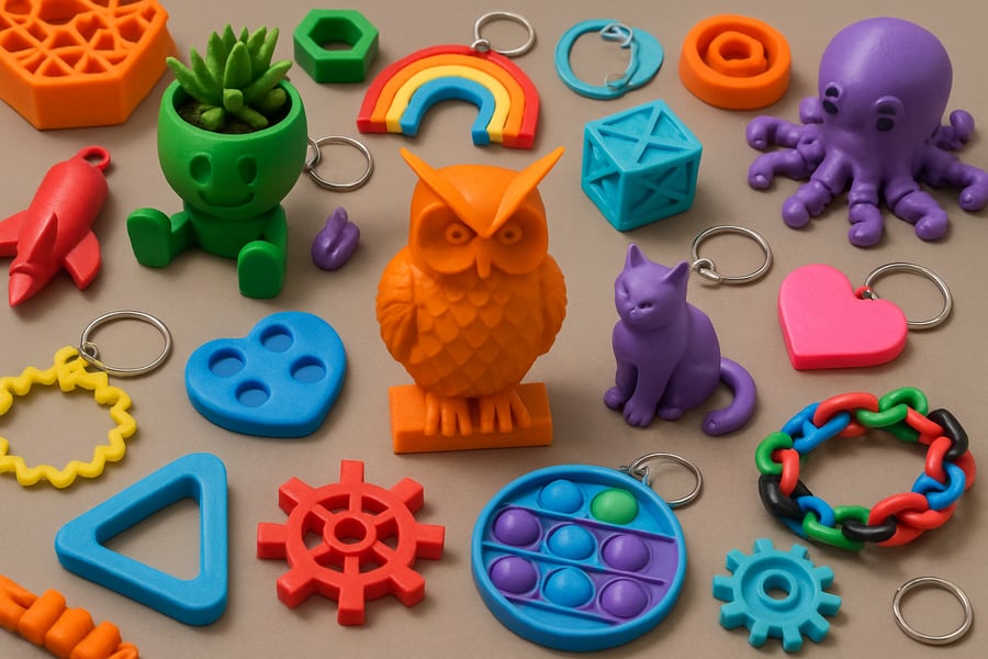 A vibrant display of 3D printed crafts, keychains, and fidgets A vibrant display of 3D printed crafts, keychains, and fidgets