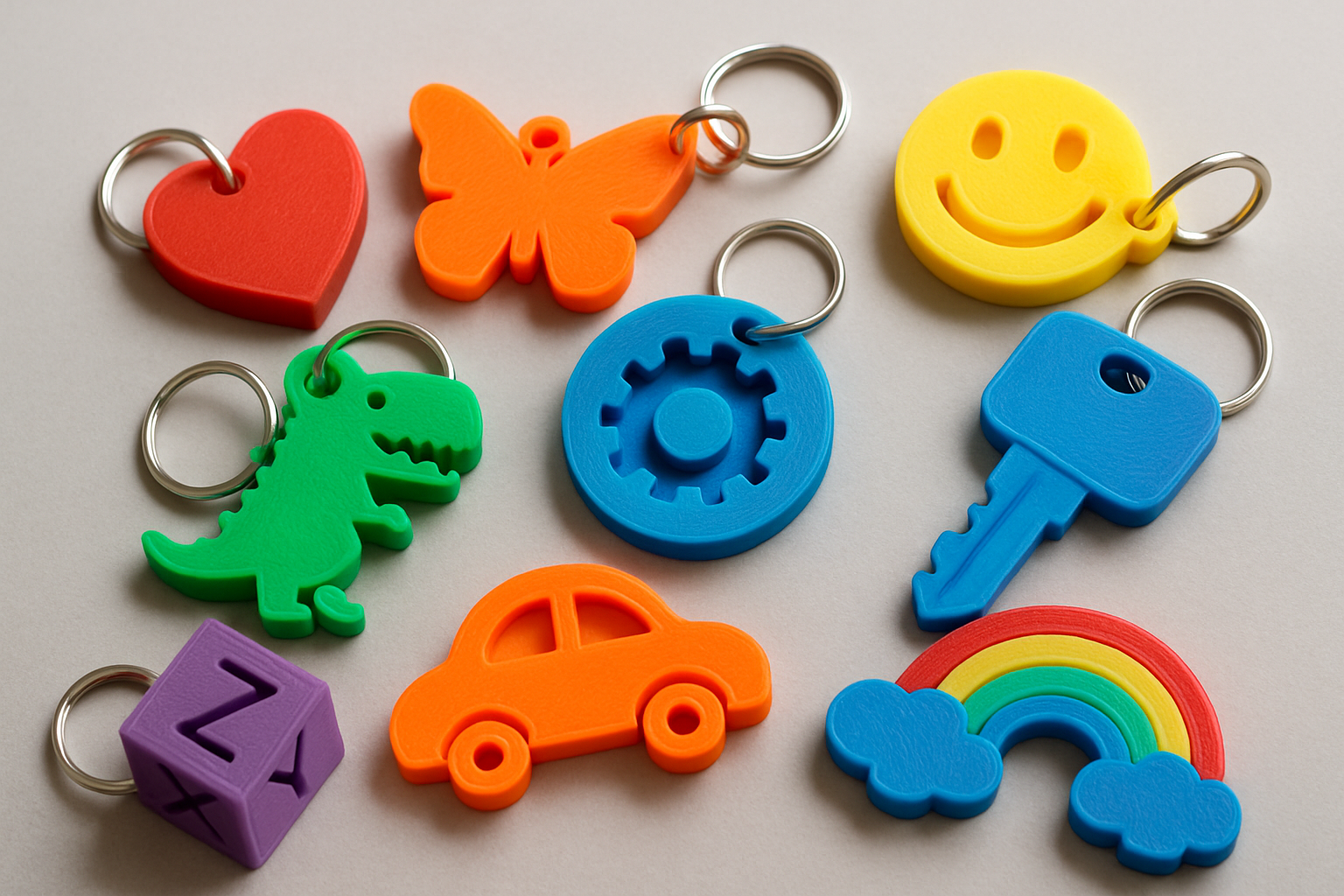 Colorful 3D printed keychains in various shapes and designs