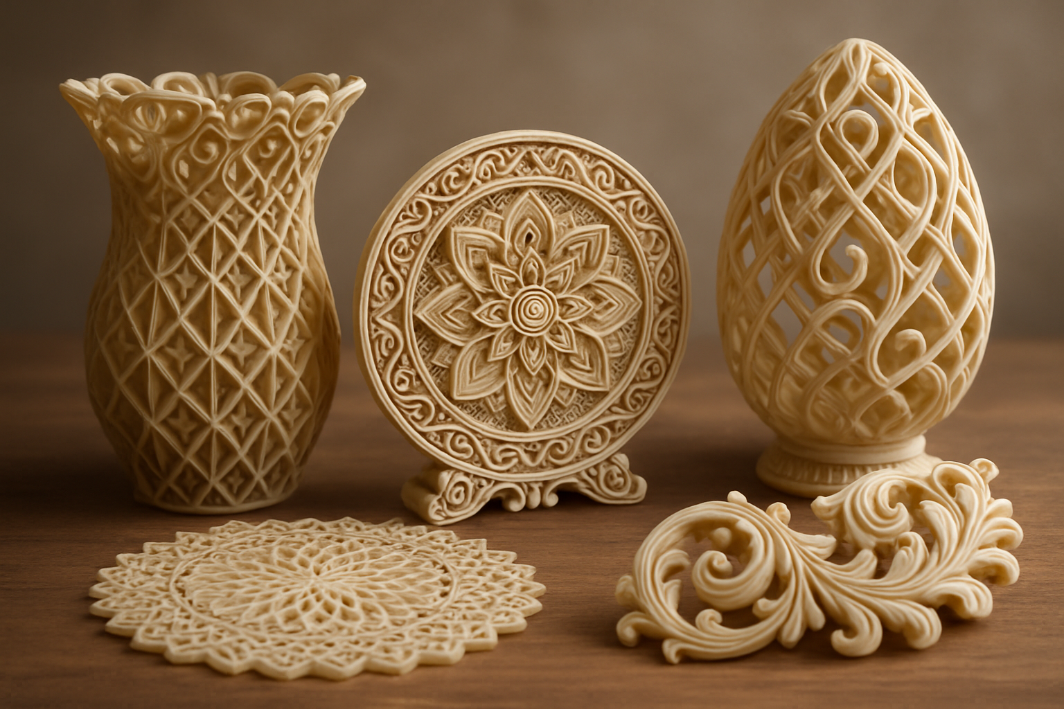 Intricate 3D printed crafts and decorative pieces