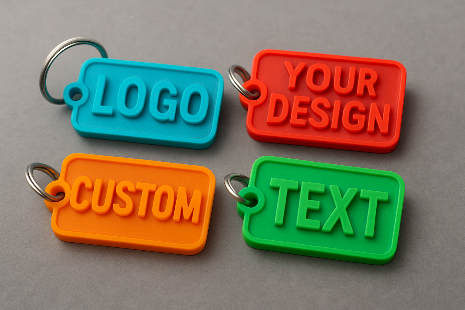 Custom 3D printed keychains in vibrant colors